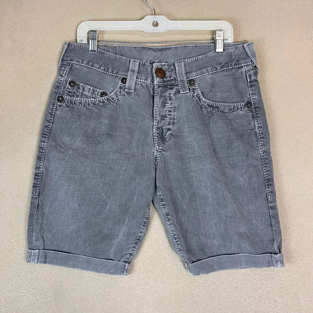 True Religion Men Geno Cut Off Jean‎ Shorts Gray Size 32 Distressed